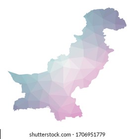 Polygonal map of Pakistan. Geometric illustration of the country in emerald amethyst colors. Pakistan map in low poly style. Technology, internet, network concept. Vector illustration.