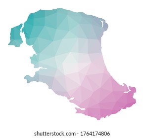 Polygonal Karte von Parrot Cay. Geometrische Abbildung der Insel in smaragdamethystischen Farben. Papageienkultur im Low-Poly-Stil. Technologie, Internet, Netzkonzept. Vektorgrafik.