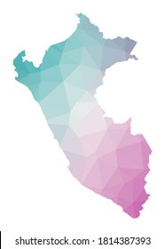 Mapa poligonal del Perú. Ilustración geométrica del país en colores de amatista esmeralda. Mapa de Perú de bajo estilo polaco. Tecnología, Internet, concepto de red. Ilustración vectorial.