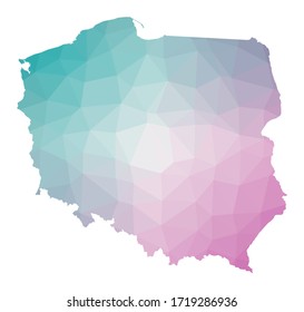 Polygonal map of Poland. Geometric illustration of the country in emerald amethyst colors. Poland map in low poly style. Technology, internet, network concept. Vector illustration.