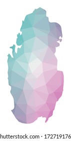 Polygonal map of Qatar. Geometric illustration of the country in emerald amethyst colors. Qatar map in low poly style. Technology, internet, network concept. Vector illustration.