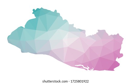 Polygonal map of Republic of El Salvador. Geometric illustration of the country in emerald amethyst colors. Republic of El Salvador map in low poly style. Technology, internet, network concept.