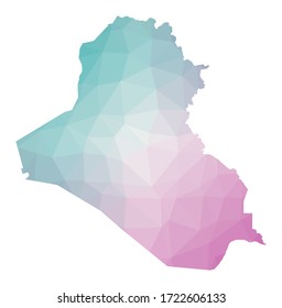 Mapa poligonal de la República del Iraq. Ilustración geométrica del país en colores de amatista esmeralda. Mapa de la República del Iraq de bajo estilo polaco. Tecnología, Internet, concepto de red. Ilustración vectorial.