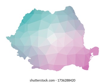 Polygonal map of Romania. Geometric illustration of the country in emerald amethyst colors. Romania map in low poly style. Technology, internet, network concept. Vector illustration.