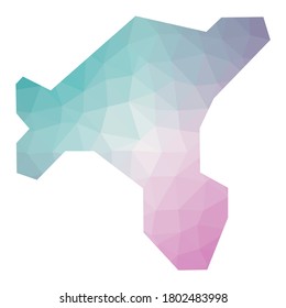Polygonal map of Salt Island. Geometric illustration of the island in emerald amethyst colors. Salt map in low poly style. Technology, internet, network concept. Vector illustration.