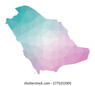 Polygonal map of Saudi Arabia. Geometric illustration of the country in emerald amethyst colors. Saudi Arabia map in low poly style. Technology, internet, network concept. Vector illustration.