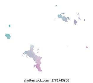 Polygonal Karte der Seychellen. Geometrische Abbildung der Insel in smaragdamethystischen Farben. Seychellen-Karte im Low-Poly-Stil. Technologie, Internet, Netzkonzept. Vektorgrafik.