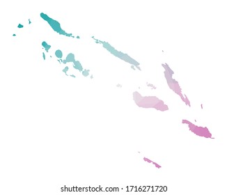Polygonal map of Solomon Islands. Geometric illustration of the country in emerald amethyst colors. Solomon Islands map in low poly style. Technology, internet, network concept. Vector illustration.