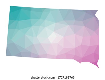Polygonal map of South Dakota. Geometric illustration of the US state in emerald and amethyst colors. South Dakota map in low poly style. Vector illustration.