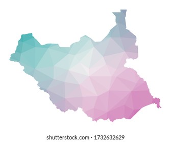 Polygonal map of South Sudan. Geometric illustration of the country in emerald and amethyst colors. South Sudan map in low poly style. Technology, internet, network concept. Vector illustration.