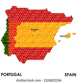 Polygonal map of Spain and Portugal. Map in flag color. Country heraldry