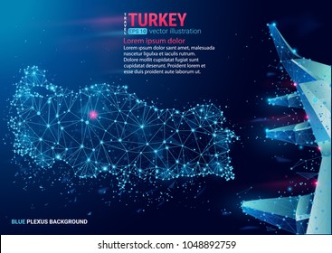 Polygonal map of Turkey. Floating blue plexus geometric background. Creative abstract vector illustration. High tech, communications and travel. Effect of motion luminous particles and points. 