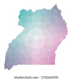 Polygonal map of Uganda. Geometric illustration of the country in emerald and amethyst colors. Uganda map in low poly style. Vector illustration.