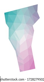 Polygonal map of Vermont. Geometric illustration of the US state in emerald amethyst colors. Vermont map in low poly style. Technology, internet, network concept. Vector illustration.