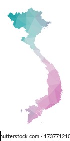 Polygonal map of Vietnam. Geometric illustration of the country in emerald and amethyst colors. Vietnam map in low poly style. Technology, internet, network concept. Vector illustration.