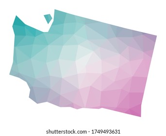 Mapa poligonal de Washington. Ilustración geométrica del estado de ee.uu. en colores de amatista esmeralda. Mapa de Washington de bajo estilo polaco. Tecnología, Internet, concepto de red. Ilustración vectorial.