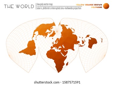 Polygonal map of the world. Alan K. Philbrick's interrupted sinu-Mollweide projection of the world. Yellow, orange, and brown colored polygons. Amazing vector illustration.