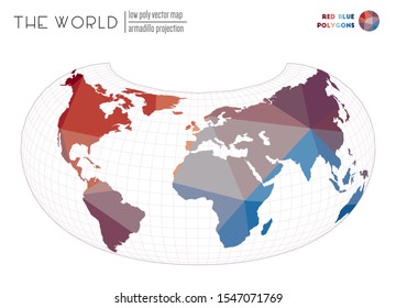 Polygonal map of the world in Armadillo projection. Creative vector illustration with red and blue colored polygons.