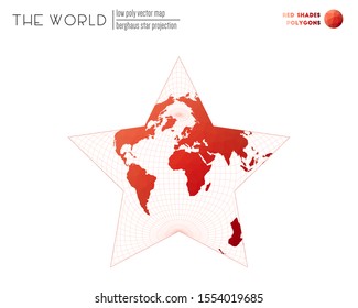 Polygonal map of the world. Berghaus star projection of the world. Red shades colored polygons. Energetic vector illustration.