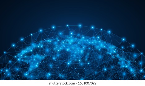 Polygonal map of the world. The concept of a global digital network. Structure of the particle system. Blue background.