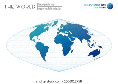 Polygonal map of the world. Craster parabolic projection of the world. Yellow, green, blue colored polygons. Trending vector illustration.