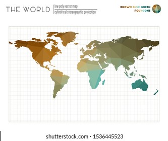 Polygonal map of the world. Cylindrical stereographic projection of the world. Brown, Blue, Green colored polygons. Modern vector illustration.