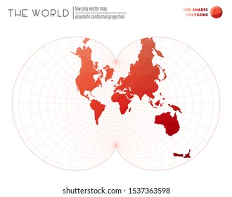 Polygonal map of the world. Eisenlohr conformal projection of the world. Red shades colored polygons. Elegant vector illustration.