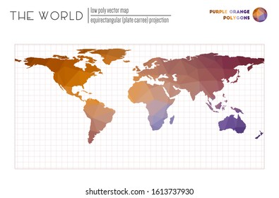 Polygonal map of the world. Equirectangular (plate carree) projection of the world. Purple Orange colored polygons. Creative vector illustration. svg