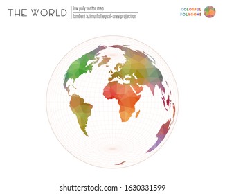 Polygonal map of the world. Lambert azimuthal equal-area projection of the world. Colorful polygons. Amazing vector illustration.