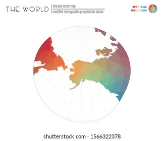Polygonal map of the world. Modified stereographic projection for Alaska of the world. Spectral colored polygons. Neat vector illustration.