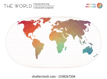 Polygonal map of the world. Natural Earth II projection of the world. Spectral colored polygons. Awesome vector illustration.