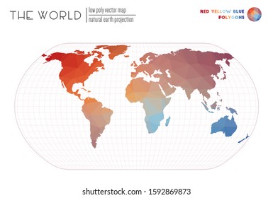 Polygonal map of the world. Natural Earth projection of the world. Red, Yellow, and Blue colored polygons. Creative vector illustration.