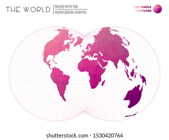Polygonal map of the world. Nicolosi globular projection of the world. Red Purple colored polygons. Contemporary vector illustration.