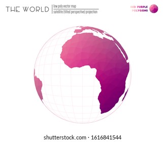 Polygonal map of the world. Satellite (tilted perspective) projection of the world. Red and purple colored polygons. Creative vector illustration.