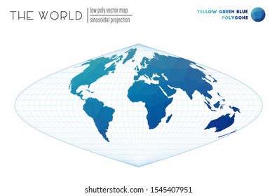 Polygonal map of the world in sinusoidal projection with yellow, green, and blue colored polygons. Stylish vector illustration.