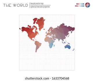 Polygonal map of the world. Spherical Mercator projection of the world. Red Blue colored polygons. Amazing vector illustration.