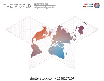 Polygonal map of the world using the Collignon butterfly projection. Stylish vector illustration with red and blue colored polygons.