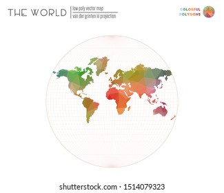 Polygonal map of the world. Van der Grinten III projection of the world. Colorful colored polygons. Awesome vector illustration.