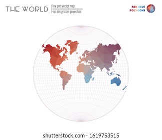 Polygonal map of the world. Van der Grinten projection of the world. Red and blue colored polygons. Elegant vector illustration.