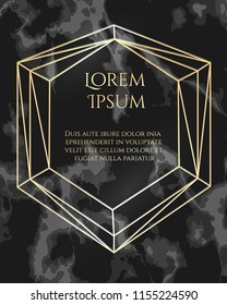 Polygonal marble background. Gold geometric frame on black marble pattern, line borders crystal diamond prisma wallpaper for anniversary, invitation or wedding. Vector illustration