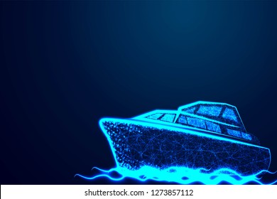 polygonal marine ship or boat with texture of starry sky. Abstract wireframe low poly, vector illustration