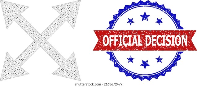 Polygonal maximize arrows wireframe icon, and bicolor textured Official Decision seal. Polygonal wireframe image designed with maximize arrows pictogram.