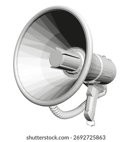 O megafone poligonal sobre um fundo branco aparece animado e pronto para uso. Esta ilustração 3D transmite comunicação e ação.