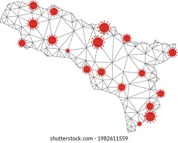 Polygonal mesh Abkhazia map with coronavirus centers. Abstract network connected lines and flu viruses form Abkhazia map. Vector wire frame 2D polygonal network in black and red colors.