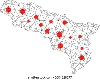 Polygonal mesh Abkhazia map with coronavirus centers. Abstract mesh lines, triangles and flu viruses on Abkhazia map. Vector wireframe flat polygonal network in black and red colors.