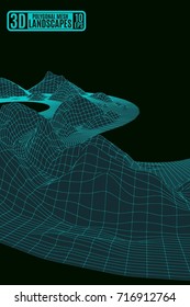 Polygonal mesh acid green abstract background with a mountain wavy landscape on a dark background