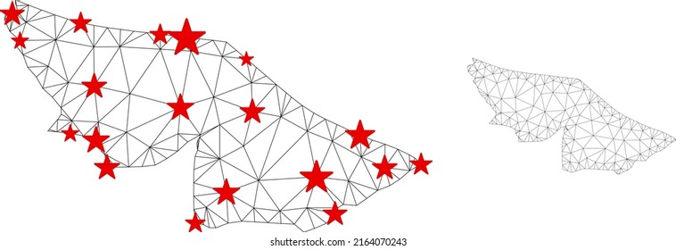 Polygonal mesh Acre State map with red star centers. Abstract mesh connected lines and stars form Acre State map. Vector wireframe flat polygonal network in black and red colors.