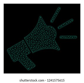 Polygonal mesh advertising megaphone. Abstract lines, triangles and points organized into advertising megaphone. Wire frame 2D polygonal line network in vector format on a dark blue background.