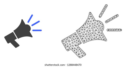 Polygonal mesh advertising megaphone and flat icon are isolated on a white background. Abstract black mesh lines, triangles and nodes forms advertising megaphone icon.