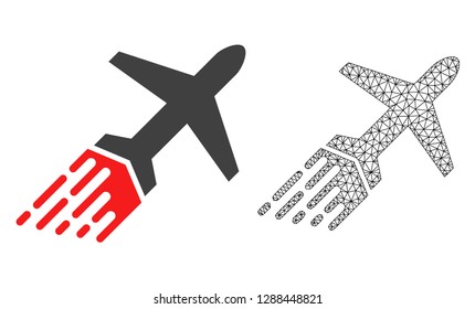 Polygonal mesh air liner and flat icon are isolated on a white background. Abstract black mesh lines, triangles and nodes forms air liner icon.
